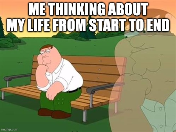 pensive reflecting thoughtful peter griffin | ME THINKING ABOUT MY LIFE FROM START TO END | image tagged in pensive reflecting thoughtful peter griffin | made w/ Imgflip meme maker