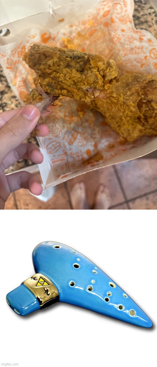 This half eaten piece of Popeyes chicken my mom left out is shaped like an ocarina | made w/ Imgflip meme maker