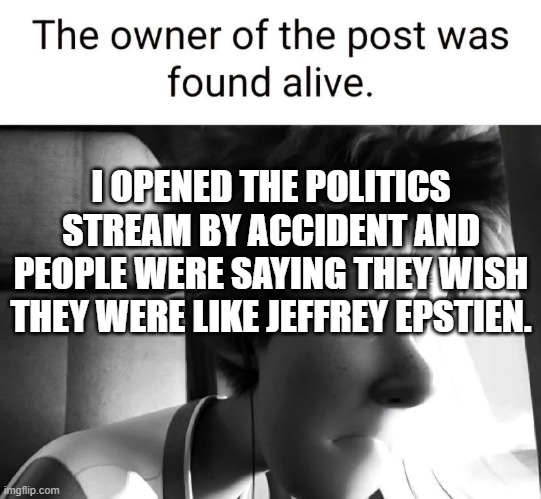 The owner of the post was found alive | I OPENED THE POLITICS STREAM BY ACCIDENT AND PEOPLE WERE SAYING THEY WISH THEY WERE LIKE JEFFREY EPSTIEN. | image tagged in the owner of the post was found alive | made w/ Imgflip meme maker