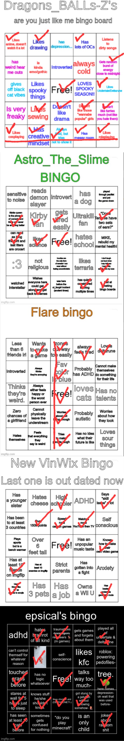 I just wanted to get all of them done at once | image tagged in my bingo board,astro bingo,flare bingo,new vinwix bingo,epsical's bingo | made w/ Imgflip meme maker
