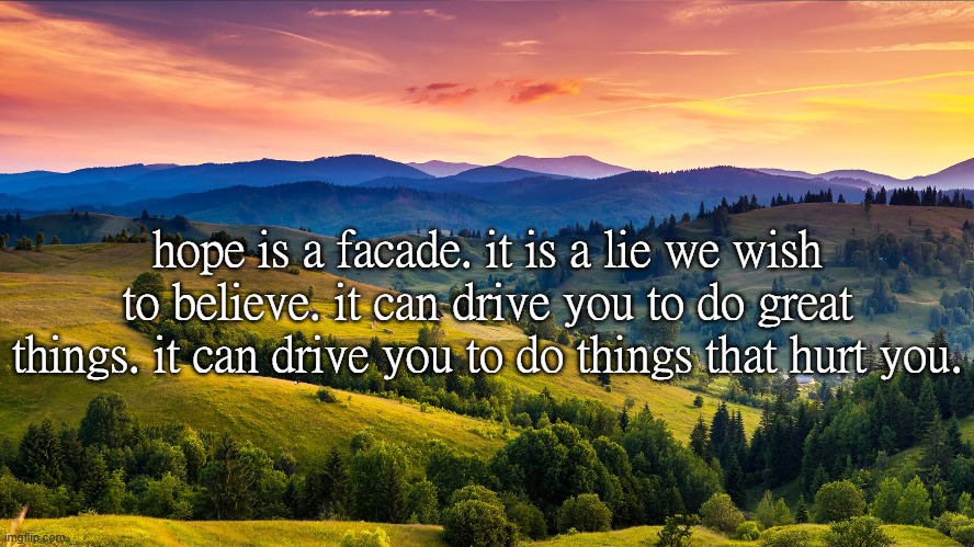 hope is a facade. it is a lie we wish to believe. it can drive you to do great things. it can drive you to do things that hurt you. | made w/ Imgflip meme maker