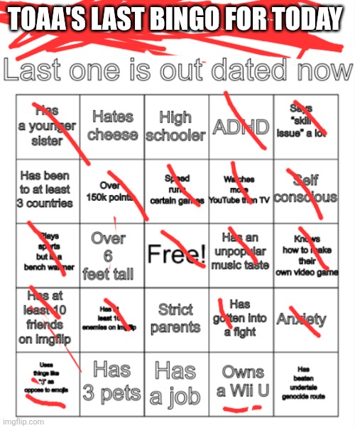 New VinWix bingo | TOAA'S LAST BINGO FOR TODAY | image tagged in new vinwix bingo | made w/ Imgflip meme maker