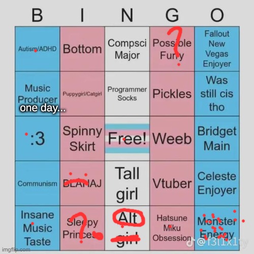 is there an opposite version of this | one day... | image tagged in transfem bingo | made w/ Imgflip meme maker