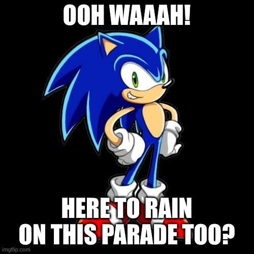 You're Too Slow Sonic Meme | OOH WAAAH! HERE TO RAIN ON THIS PARADE TOO? | image tagged in memes,you're too slow sonic | made w/ Imgflip meme maker