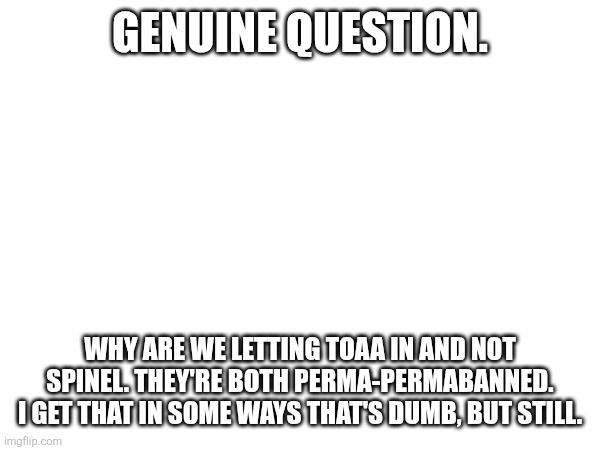 GENUINE QUESTION. WHY ARE WE LETTING TOAA IN AND NOT SPINEL. THEY'RE BOTH PERMA-PERMABANNED. I GET THAT IN SOME WAYS THAT'S DUMB, BUT STILL. | made w/ Imgflip meme maker
