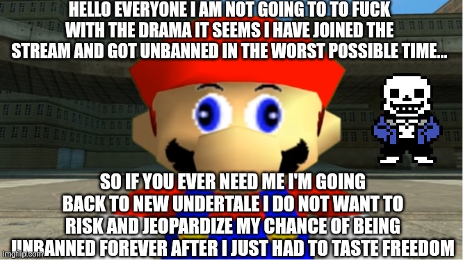 Sans in topic ( nah I don't want to fuck with this shit) | HELLO EVERYONE I AM NOT GOING TO TO FUCK WITH THE DRAMA IT SEEMS I HAVE JOINED THE STREAM AND GOT UNBANNED IN THE WORST POSSIBLE TIME... SO IF YOU EVER NEED ME I'M GOING BACK TO NEW UNDERTALE I DO NOT WANT TO RISK AND JEOPARDIZE MY CHANCE OF BEING UNBANNED FOREVER AFTER I JUST HAD TO TASTE FREEDOM | image tagged in smg4 mario derp reaction | made w/ Imgflip meme maker