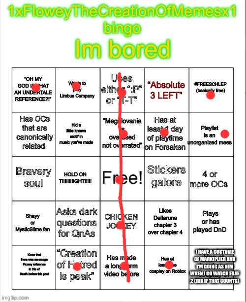 bingo | I HAVE A COSTUME OF MARKIPLIER AND I'M GOING AS HIM WHEN I GO WATCH FNAF 2 (IDK IF THAT COUNTS) | image tagged in 1xfloweythecreationofmemesx1 bingo | made w/ Imgflip meme maker