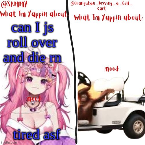 orangutan and Sammy's shared temp | can I js roll over and die rn; tired asf | image tagged in orangutan and sammy's shared temp | made w/ Imgflip meme maker