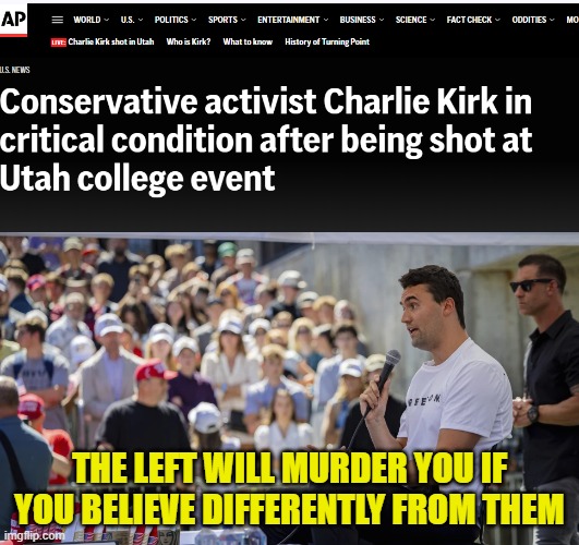 The lefts problem with violence | THE LEFT WILL MURDER YOU IF YOU BELIEVE DIFFERENTLY FROM THEM | image tagged in violence,charlie kirk,kirk,maga,trump,turning point | made w/ Imgflip meme maker