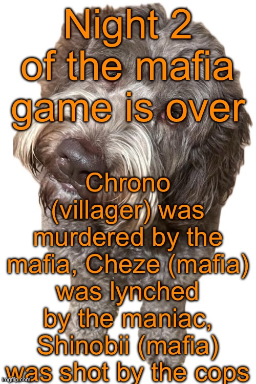 There‘s only one mafia member left | Night 2 of the mafia game is over; Chrono (villager) was murdered by the mafia, Cheze (mafia) was lynched by the maniac, Shinobii (mafia) was shot by the cops | image tagged in norther's dog | made w/ Imgflip meme maker