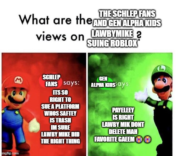 gen alpha kids are beyond dumbasses | THE SCHLEP FANS AND GEN ALPHA KIDS; LAWBYMIKE SUING ROBLOX; GEN ALPHA KIDS; SCHLEP FANS; ITS SO RIGHT TO SUE A PLATFORM WHOS SAFTEY IS TRASH IM SURE LAWBY MIKE DID THE RIGHT THING; PAYELEEY IS RIGHT LAWBY MIK DONT DELETE MAH FAVORITE GAEEM😭😭 | image tagged in mario bros views,roblox | made w/ Imgflip meme maker