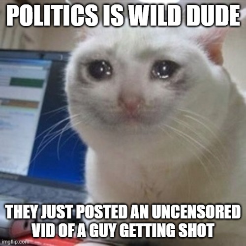 wrong time to think: 'Lets check politics to see the memes some of you guys posted in there' | POLITICS IS WILD DUDE; THEY JUST POSTED AN UNCENSORED VID OF A GUY GETTING SHOT | image tagged in crying cat | made w/ Imgflip meme maker