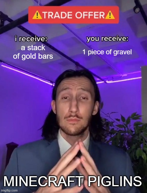 THESE PIGLINS BRO | a stack of gold bars; 1 piece of gravel; MINECRAFT PIGLINS | image tagged in trade offer | made w/ Imgflip meme maker