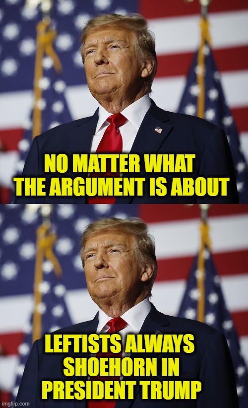 TDS must be a bitch! | NO MATTER WHAT 
THE ARGUMENT IS ABOUT; LEFTISTS ALWAYS 
SHOEHORN IN
PRESIDENT TRUMP | image tagged in leftists | made w/ Imgflip meme maker