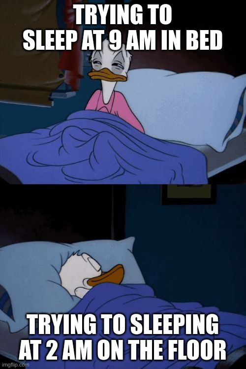 Sleeping Donald Duck | TRYING TO SLEEP AT 9 AM IN BED TRYING TO SLEEPING AT 2 AM ON THE FLOOR | image tagged in sleeping donald duck | made w/ Imgflip meme maker