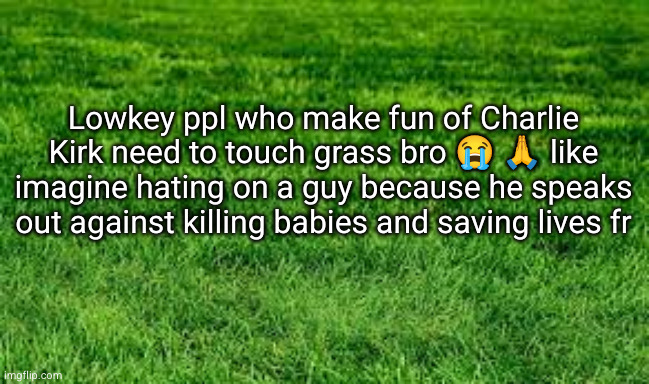 rip | Lowkey ppl who make fun of Charlie Kirk need to touch grass bro 😭 🙏 like imagine hating on a guy because he speaks out against killing babies and saving lives fr | image tagged in touching grass | made w/ Imgflip meme maker