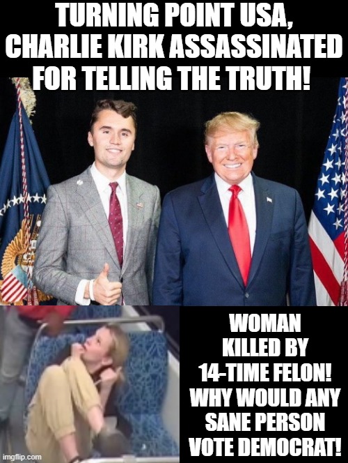 Turning Point for the USA! Never vote Democrat! | TURNING POINT USA, CHARLIE KIRK ASSASSINATED FOR TELLING THE TRUTH! WOMAN KILLED BY 14-TIME FELON! WHY WOULD ANY SANE PERSON VOTE DEMOCRAT! | image tagged in never | made w/ Imgflip meme maker