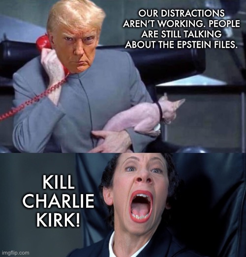 The deep state is really getting desperate now. | OUR DISTRACTIONS AREN’T WORKING. PEOPLE ARE STILL TALKING ABOUT THE EPSTEIN FILES. KILL CHARLIE KIRK! | image tagged in dr evil and frau,jeffrey epstein,charlie kirk,donald trump | made w/ Imgflip meme maker