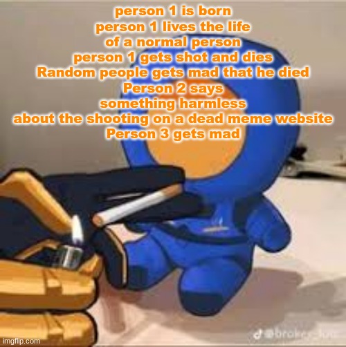 Intriguing | person 1 is born
person 1 lives the life of a normal person
person 1 gets shot and dies
Random people gets mad that he died
Person 2 says something harmless about the shooting on a dead meme website
Person 3 gets mad | made w/ Imgflip meme maker