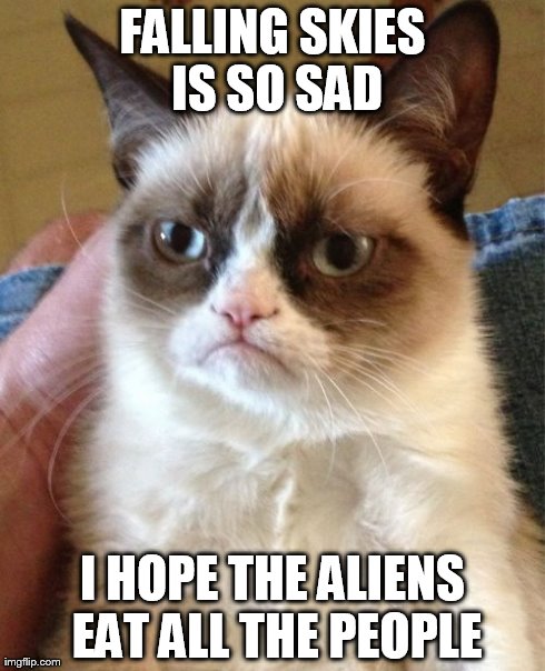 Falling Skies Grumpy Cat | FALLING SKIES IS SO SAD I HOPE THE ALIENS EAT ALL THE PEOPLE | image tagged in memes,grumpy cat | made w/ Imgflip meme maker