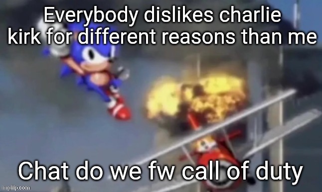 al segaeda | Everybody dislikes charlie kirk for different reasons than me; Chat do we fw call of duty | image tagged in al segaeda | made w/ Imgflip meme maker