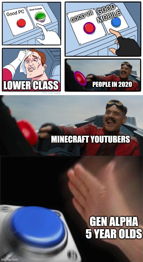 GOOD MOBILE; Good Console; Good PC; GOOD VR; LOWER CLASS; PEOPLE IN 2020; MINECRAFT YOUTUBERS; GEN ALPHA 5 YEAR OLDS | image tagged in memes,two buttons,two buttons bad choice,robotnik button,blank nut button | made w/ Imgflip meme maker