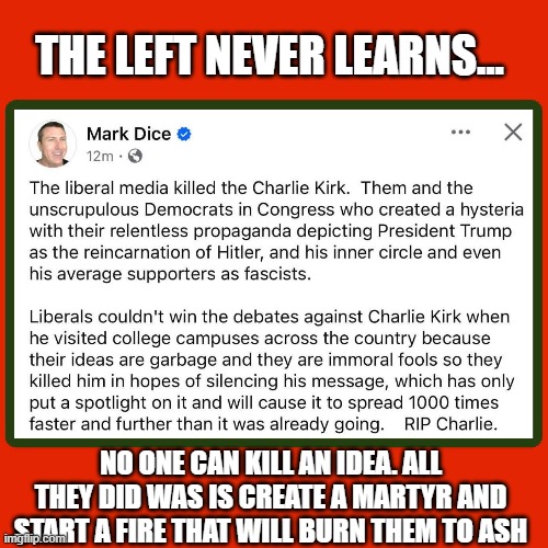 charlie kirk rip | THE LEFT NEVER LEARNS... NO ONE CAN KILL AN IDEA. ALL THEY DID WAS IS CREATE A MARTYR AND START A FIRE THAT WILL BURN THEM TO ASH | image tagged in martyr,murdered,leftist | made w/ Imgflip meme maker