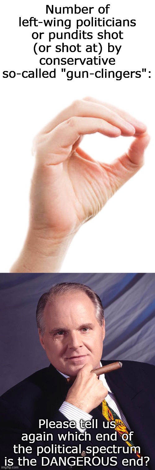 If ya can't beat 'em, I guess just shoot 'em? | Number of left-wing politicians or pundits shot (or shot at) by conservative so-called "gun-clingers":; Please tell us again which end of the political spectrum is the DANGEROUS end? | image tagged in zero hand sign,rush limbaugh | made w/ Imgflip meme maker