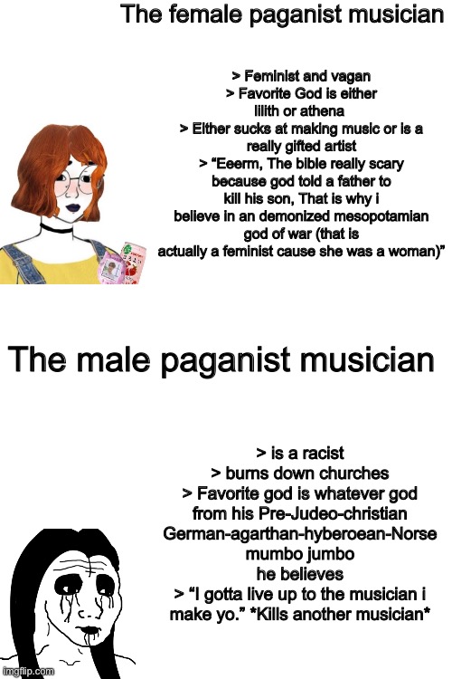 Males, are we built like this? | The female paganist musician; > Feminist and vagan
> Favorite God is either lilith or athena 
> Either sucks at making music or is a really gifted artist
> “Eeerm, The bible really scary because god told a father to kill his son, That is why i believe in an demonized mesopotamian god of war (that is actually a feminist cause she was a woman)”; The male paganist musician; > is a racist
> burns down churches
> Favorite god is whatever god from his Pre-Judeo-christian German-agarthan-hyberoean-Norse mumbo jumbo he believes
> “I gotta live up to the musician i make yo.” *Kills another musician* | image tagged in memes,shitpost,black metal,diva,slandee,wojak | made w/ Imgflip meme maker