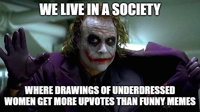 We live in a society | WE LIVE IN A SOCIETY; WHERE DRAWINGS OF UNDERDRESSED WOMEN GET MORE UPVOTES THAN FUNNY MEMES | image tagged in we live in a society | made w/ Imgflip meme maker