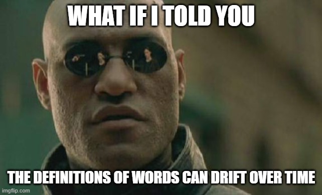WHAT IF I TOLD YOU THE DEFINITIONS OF WORDS CAN DRIFT OVER TIME | image tagged in memes,matrix morpheus | made w/ Imgflip meme maker