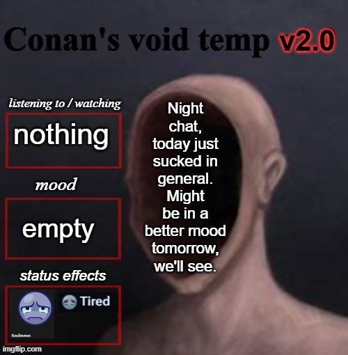 conan void temp 2 | Night chat, today just sucked in general. Might be in a better mood tomorrow, we'll see. nothing; empty | image tagged in conan void temp 2 | made w/ Imgflip meme maker