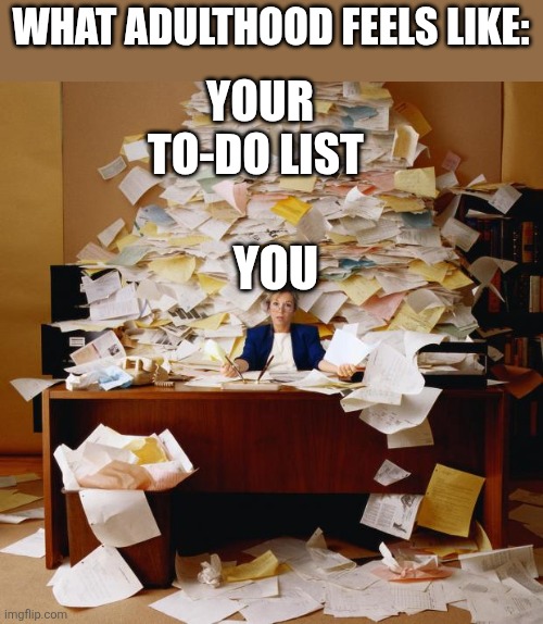 Busy | WHAT ADULTHOOD FEELS LIKE:; YOUR TO-DO LIST; YOU | image tagged in busy | made w/ Imgflip meme maker