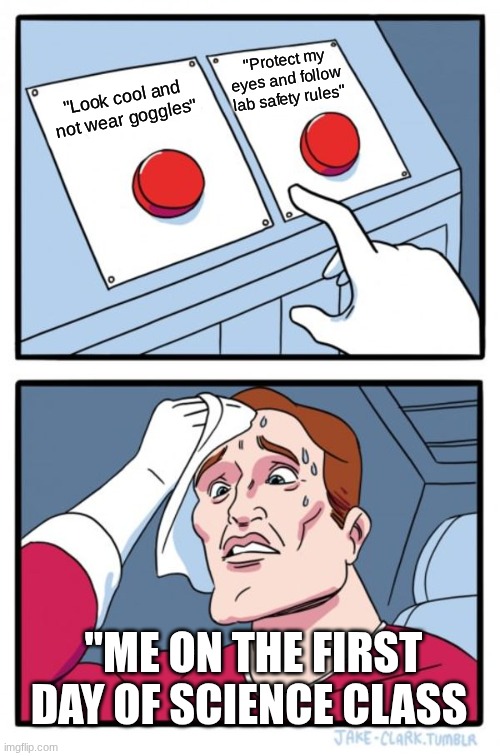 Two Buttons Meme | "Protect my eyes and follow lab safety rules"; "Look cool and not wear goggles"; "ME ON THE FIRST DAY OF SCIENCE CLASS | image tagged in memes,two buttons | made w/ Imgflip meme maker