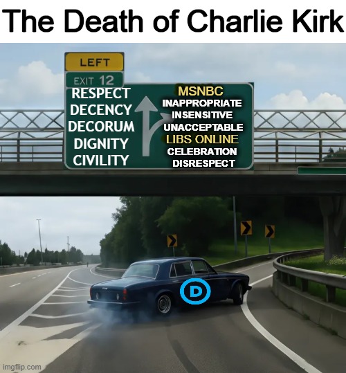 Stay CLASSY, Liberals! | The Death of Charlie Kirk; INAPPROPRIATE 
INSENSITIVE 
UNACCEPTABLE
 
CELEBRATION 
DISRESPECT; MSNBC; RESPECT
DECENCY
DECORUM
DIGNITY
CIVILITY; LIBS ONLINE | image tagged in no words,charlie kirk,death,no respect,animals,raised in a barn | made w/ Imgflip meme maker