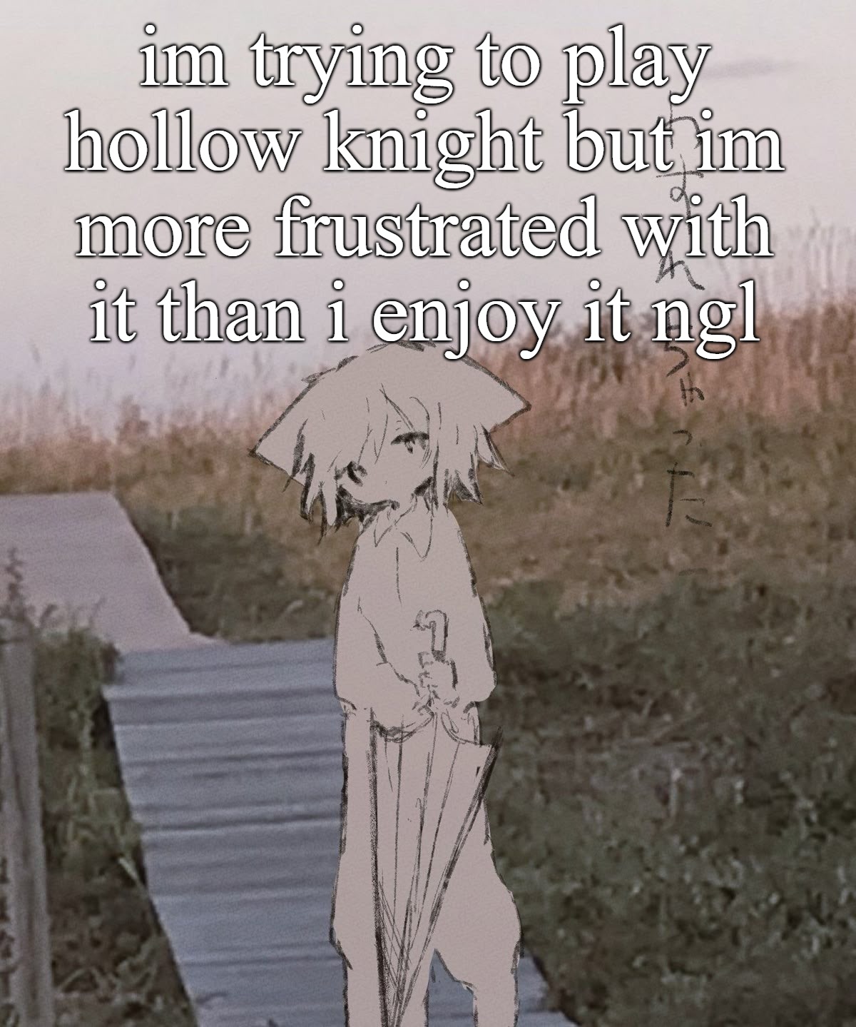 idk | im trying to play hollow knight but im more frustrated with it than i enjoy it ngl | image tagged in a temp | made w/ Imgflip meme maker