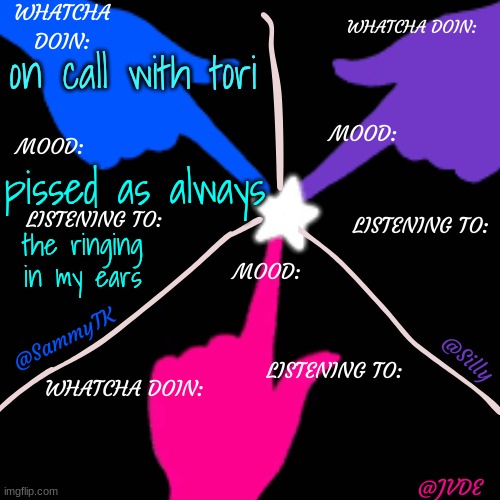SJS shared temp. | on call with tori; pissed as always; the ringing in my ears | image tagged in sjs shared temp | made w/ Imgflip meme maker