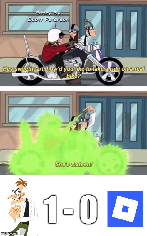 *signature look of superiority* | 1 - 0 | image tagged in doofenshmirtz,phineas and ferb,roblox,lol so funny,memes,vs | made w/ Imgflip meme maker