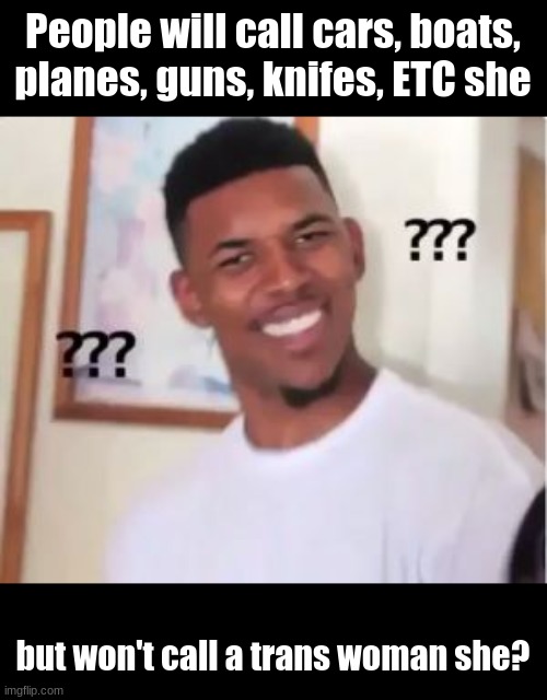 please explain :] | People will call cars, boats, planes, guns, knifes, ETC she; but won't call a trans woman she? | image tagged in nick young,what,transphobic | made w/ Imgflip meme maker