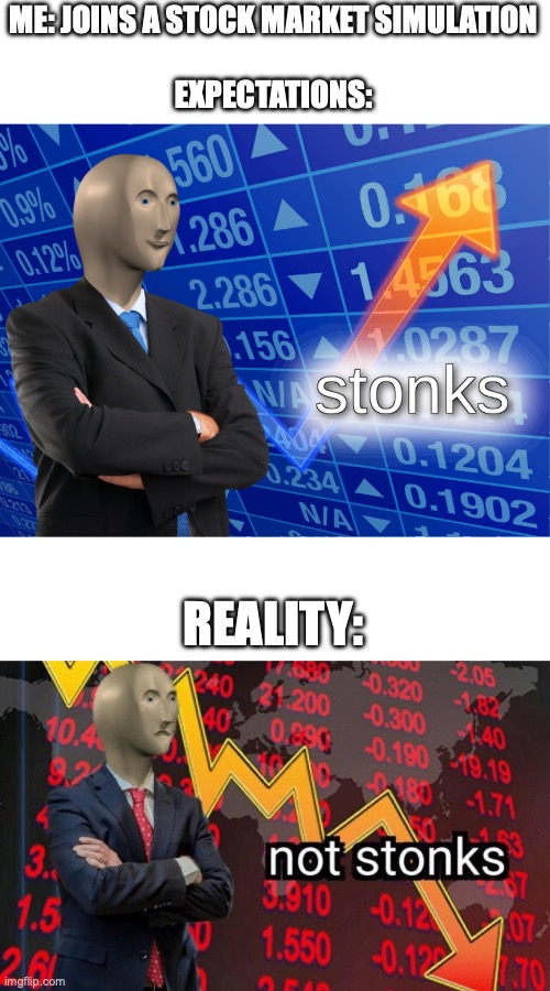 Help me understand the stock market please! (ToT) | ME: JOINS A STOCK MARKET SIMULATION
 
EXPECTATIONS:; REALITY: | image tagged in stonks,not stonks,bruh moment,funny,relatable,finance | made w/ Imgflip meme maker
