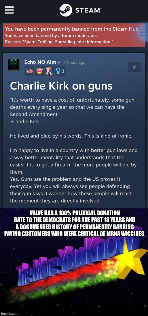 Gabe, can you just retire already? | VALVE HAS A 100% POLITICAL DONATION RATE TO THE DEMOCRATS FOR THE PAST 13 YEARS AND A DOCUMENTED HISTORY OF PERMANENTLY BANNING PAYING CUSTOMERS WHO WERE CRITICAL OF MRNA VACCINES | image tagged in the more you know,communism,valve,big pharma,democrats,washington | made w/ Imgflip meme maker