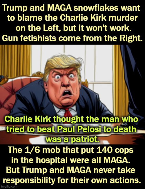 Trump and MAGA snowflakes want 
to blame the Charlie Kirk murder
 on the Left, but it won't work.
Gun fetishists come from the Right. Charlie Kirk thought the man who 
tried to beat Paul Pelosi to death 
was a patriot. The 1/6 mob that put 140 cops 
in the hospital were all MAGA. 
But Trump and MAGA never take 
responsibility for their own actions. | image tagged in trump,charlie kirk,blame,pathetic,snowflakes,alibi | made w/ Imgflip meme maker