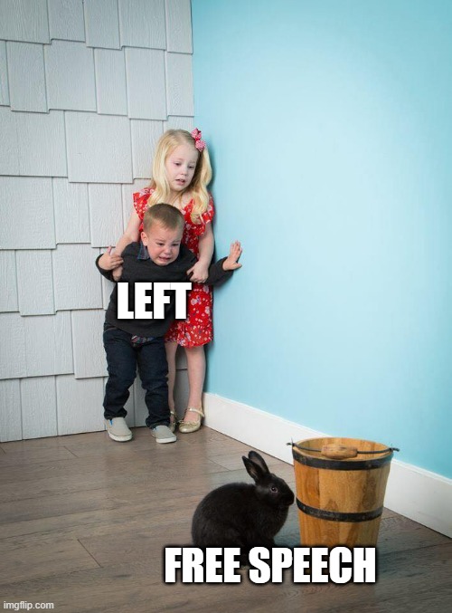 Kids Afraid of Rabbit | LEFT; FREE SPEECH | image tagged in kids afraid of rabbit | made w/ Imgflip meme maker