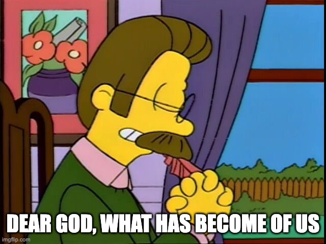 Ned Praying | DEAR GOD, WHAT HAS BECOME OF US | image tagged in ned praying | made w/ Imgflip meme maker