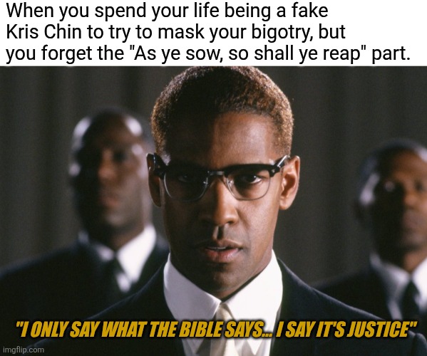 When you spend your life being a fake Kris Chin to try to mask your bigotry, but you forget the "As ye sow, so shall ye reap" part. "I ONLY SAY WHAT THE BIBLE SAYS... I SAY IT'S JUSTICE" | image tagged in classic movies,denzel washington | made w/ Imgflip meme maker