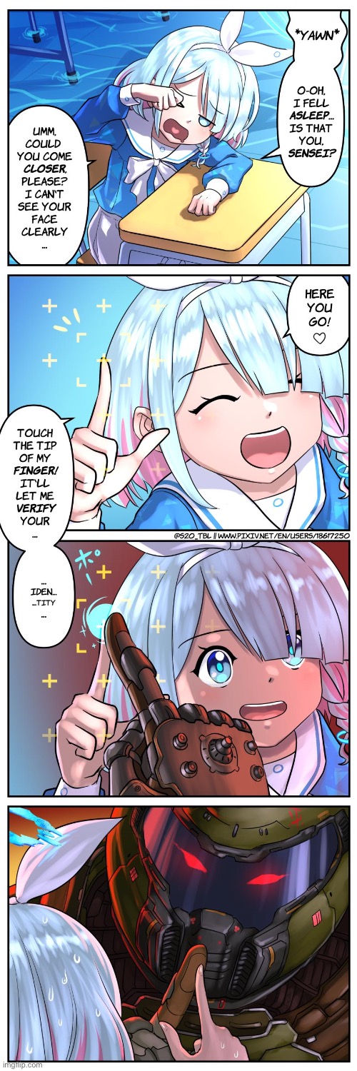 This is the most ambitious crossover since Avengers Endgame- | image tagged in blue archive,arona,doom guy,comic,not mine,credit to original creator | made w/ Imgflip meme maker