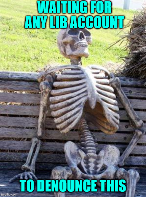 Waiting Skeleton Meme | WAITING FOR ANY LIB ACCOUNT TO DENOUNCE THIS | image tagged in memes,waiting skeleton | made w/ Imgflip meme maker