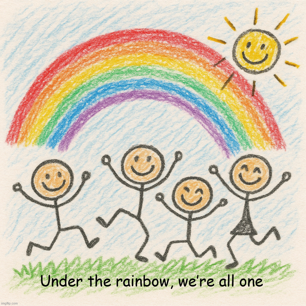 One big happy rainbow family | Under the rainbow, we’re all one | image tagged in rainbow,stick figure,funny,wholesome,silly,unity | made w/ Imgflip meme maker