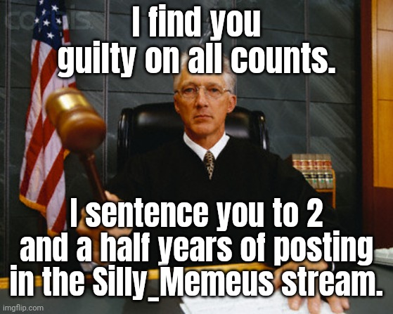 How is that even a punishment? | I find you guilty on all counts. I sentence you to 2 and a half years of posting in the Silly_Memeus stream. | image tagged in judge | made w/ Imgflip meme maker