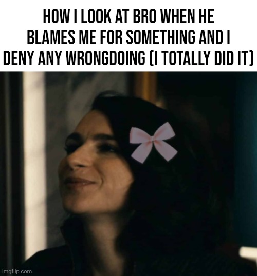 I did it but I don't want to take responsibility. | How I look at bro when he blames me for something and I deny any wrongdoing (I totally did it) | image tagged in stormfront being adorable | made w/ Imgflip meme maker